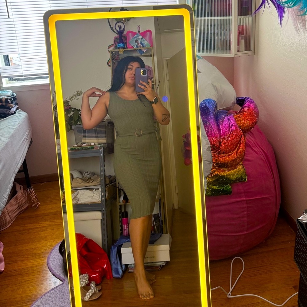 Sleek Olive Belted Midi Dress